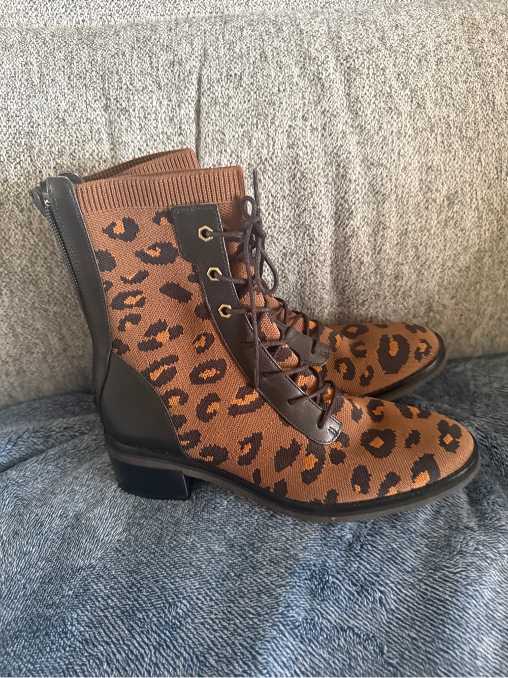 Cole Haan Leopard Knit Lace-Up Ankle Boots - size 6